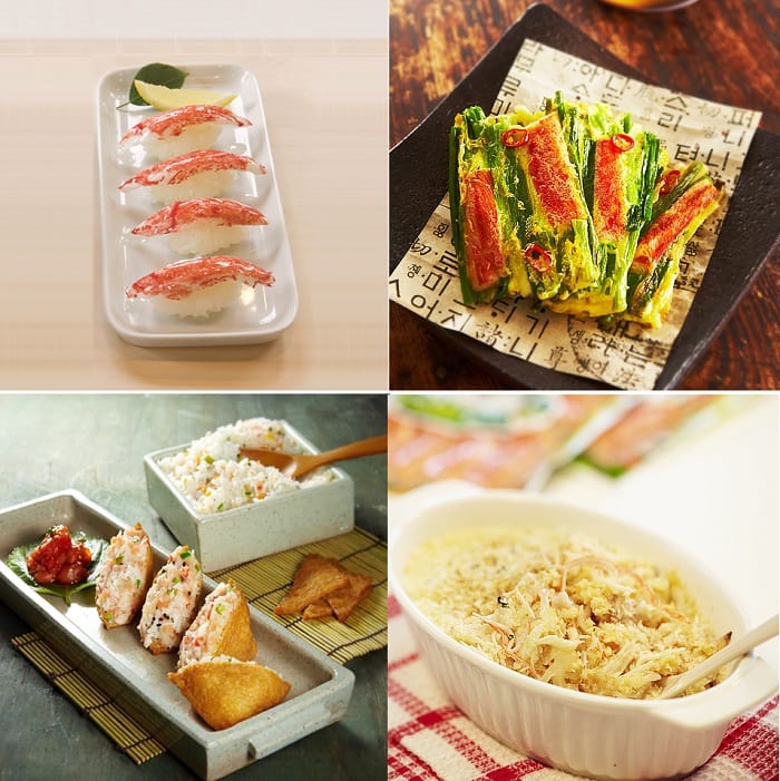 Crami crab sticks can be used in a diverse manner of ways. Pictured at top is Crami sushi and fried crab sticks and vegetables. At bottom are fried tofu rice balls with crab sticks and cheese Crami gratin.