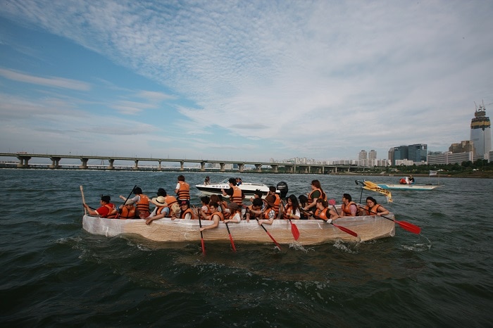 Participants in the Hangang River Box 1 Race are required to build a boat using recycled cardboard.