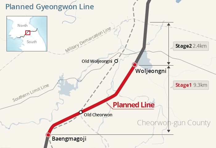 The dotted line is the old route for the Gyeongwon Line. The thick red line is the newly planned route.