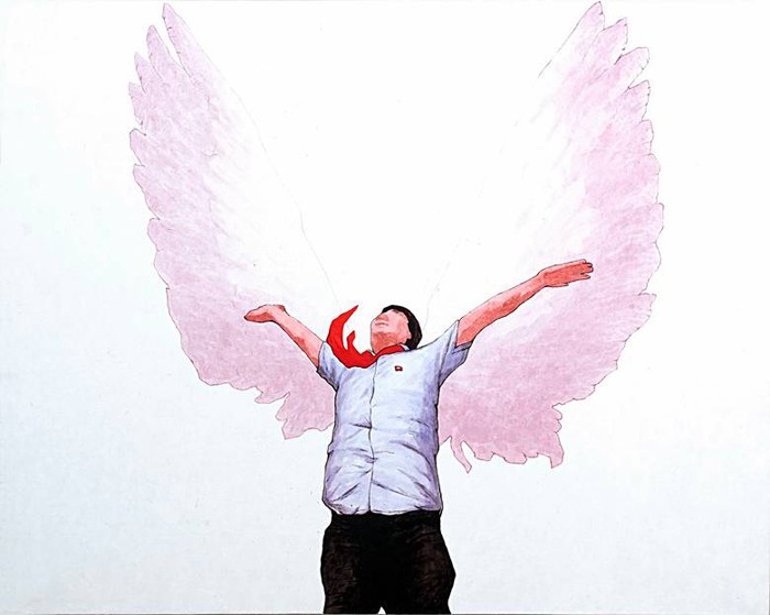 The painting titled 'Hope' shows a man wearing a red scarf, spreading his wings. The painting symbolizes freedom, says Song Byeok.
