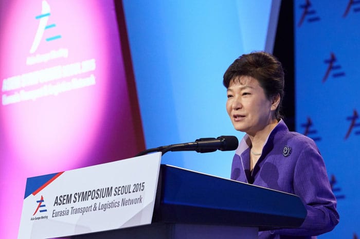 President Park Geun-hye speaks during the ASEM Symposium Seoul 2015 on Sept. 10 in Seoul.