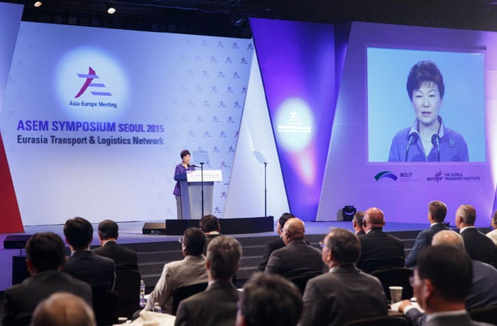 Park Geun-hye emphasizes mutual cooperation in order to make Eurasia into one continent, at the ASEM Symposium Seoul 2015 on Sept. 10 in Seoul.