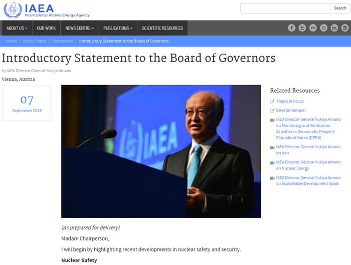 IAEA Director General Yukiya Amano announces in a board meeting on Sept. 7 that Korea will be the chair country for the second IAEA Nuclear Security Conference. (Image captured from IAEA homepage)