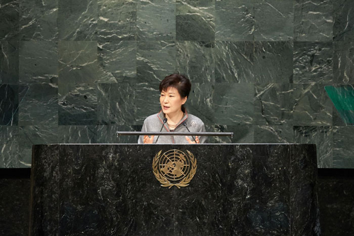 President Park Geun-hye addresses at the 69th U.N. General Assembly at U.N. headquarters in New York in Sept. 2014.