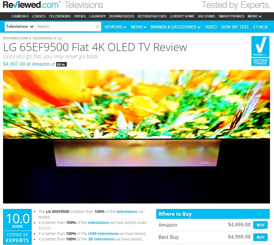 Reviewd.com, an IT review site run by USA Today, praised LG‘s OLED TVs, picking one of its models as an ’Editor’s Choice’ in August 2014.