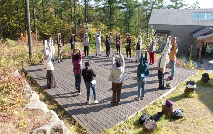 Participants in an ecotourism educational program enjoy morning stretches at the forestside class venue.