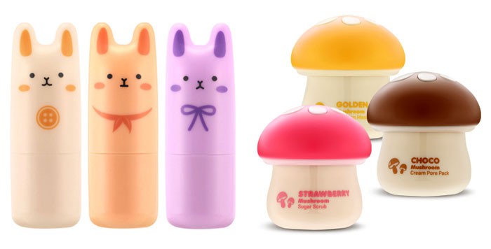 Tony Moly is known for its cute packaging, such as red lip-shaped lip balm packages, fruit-shaped hand creams, rabbit-shaped perfume bars and mushroom-shaped facial scrubs and masks.