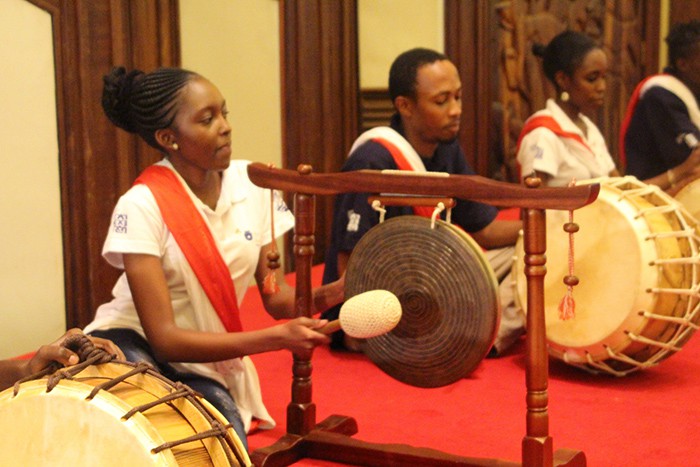 Students from the King Sejong Institute in Nairobi play traditional Korean musical instruments and give a <i>samulnori</i> percussion performance to mark the ‘Day With Korean Culture Abroad’ on May 26 in the Kenya capital.