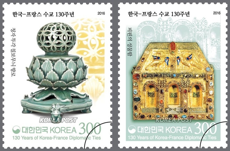Commemorative stamps are issued as a form of bilateral cooperation in celebration of 130 years of diplomatic ties between France and Korea. They represent the amity and friendship that exists between the two countries.