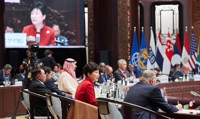 President Park Geun-hye speaks during the G20 summit in Hangzhou, in Zhejiang Province, China. She urged the G20 to play a more active role in expanding free trade and in responding to climate change.