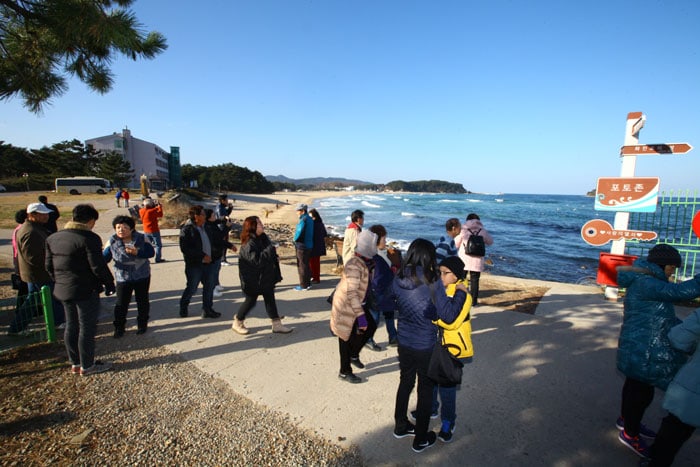 Singaporean tourists look around Hwajinpo Beach along the East Sea on Nov. 29.