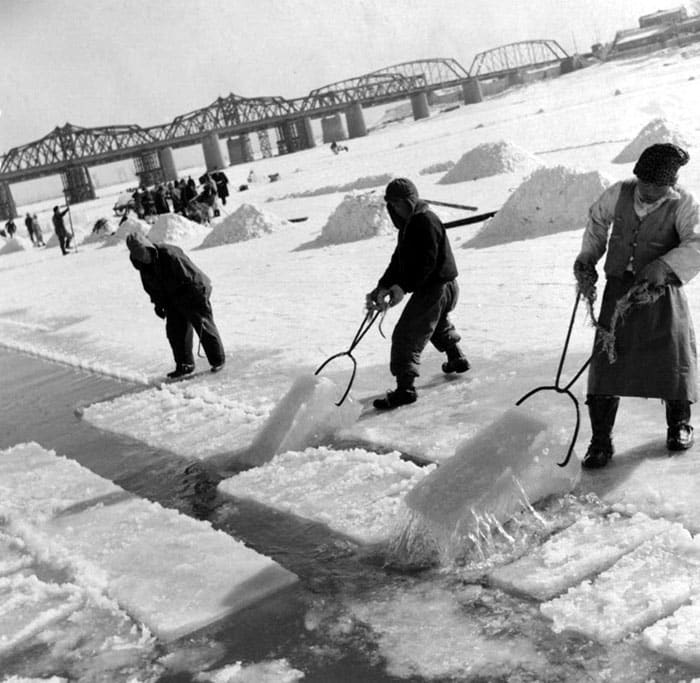 In 1957, people cut ice blocks from the Hangang River. This photo shows how clean the water was and how cold it was in past Korean winters.