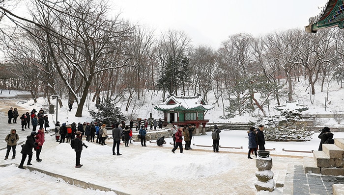 Visitors to the Secret Garden at Changdeokgung Palace enjoy the snowy scenery while listening to a tour guide’s comments about the Juhamnu Pavillion.