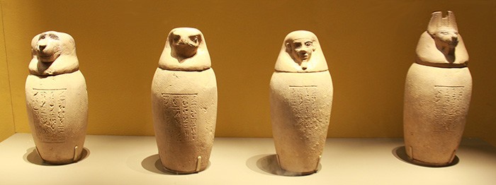 Canopic jars and lids are made of limestone and date back to ancient Egypt's 26th Dynasty (664 B.C.-525 B.C.).