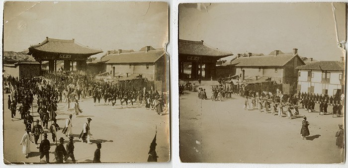 Donated materials from Priscilla Welbon Ewy include photos show a royal march. In the photos, the marchers pass by the Daeanmun Gate (대안문), the main gate at Gyeongungung (경운궁), which was the main royal palace of the Daehan Empire.