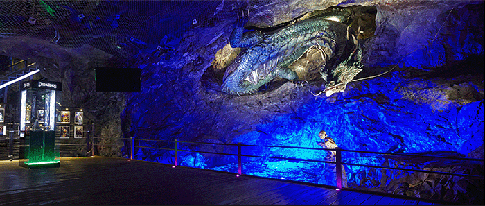 Sculptures of Smaug and Gollum, characters from the books and films ‘Lord of the Rings' and 'Hobbit,' and made by production company Weta Workshop, are on display at a gallery in the Gwangmyeong Cave.
