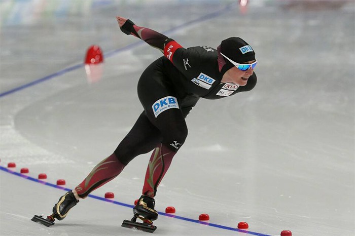 Claudia Pechstein of Germany skates in the women's 5,000 m event at the International Skating Union (ISU) World Single Distances Speed Skating Championships at the Gangneung Oval in Gangneung, Gangwon Province, on Feb. 11.