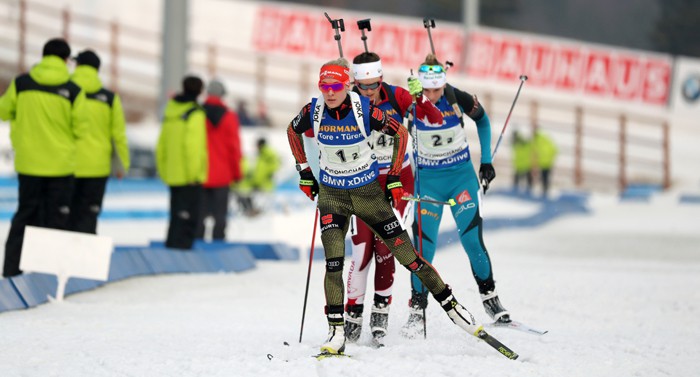 The second German athlete, Maren Hammerschmidt, leads the race while skiing uphill during the women’s relay in the IBU Biathlon World Cup, at the Alpensia Biathlon Center in Pyeongchang, Gangwon-do Province, on March 5.