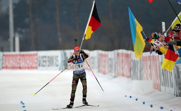 The crowds cheer Franziska Hildebrand, the final German competitor passes the finish line first to win the women’s relay in the IBU Biathlon World Cup, at the Alpensia Biathlon Center in Pyeongchang, Gangwon-do Province, on March 5.