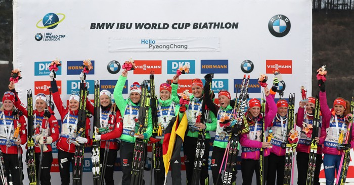 The German team athletes (center) pose for a photo on the podium along with the Norwegian team (left) and the Czechia team after the women’s relay in the IBU Biathlon World Cup, at the Alpensia Biathlon Center in Pyeongchang, Gangwon-do Province, on March 5.