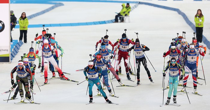 Athletes begin the race at the starting line during the women’s relay in the IBU Biathlon World Cup, at the Alpensia Biathlon Center in Pyeongchang, Gangwon-do Province, on March 5.