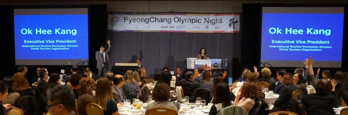 Kang Ok Hee, executive vice president at the Korea Tourism Organization, gives the welcoming speech at the PyeongChang Olympic Night in Toronto, Canada, on April 3.