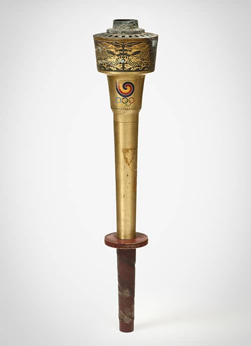 The torch used at the Seoul 1988 Summer Olympics is on display at the 'Korean Sports, A History Written in Sweat' exhibition. It was originally brought from Athens and then traveled to Jeju Island and other regions across Korea, before arriving in Seoul.