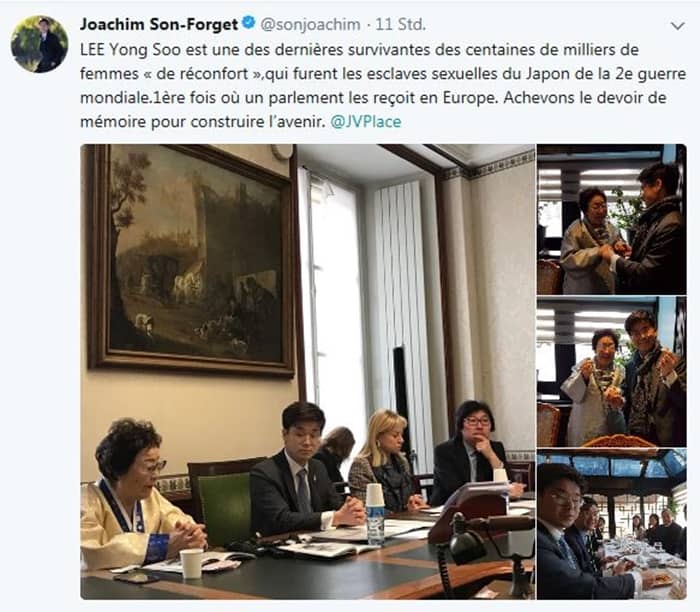 Lee Yong-soo is a sex slavery survivor, one of the so-called ‘comfort women.’ They were forced into sex slavery by the Japanese government during colonial times and World War II. ‘Let's remember the past together to go to the future,’ said member of parliament Joachim Son-Forget in a tweet after listening to her testimony on March 8. (Son-Forget’s Twitter feed)