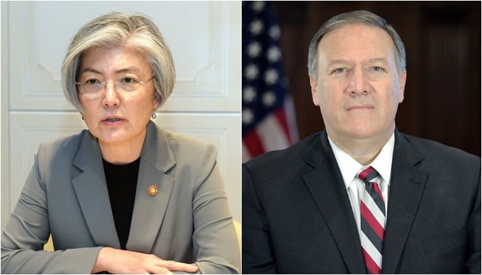 강경화 외교부 장관(왼쪽)과 마이크 폼페이오 미국 국무부 장관. 외교부∙백악관
