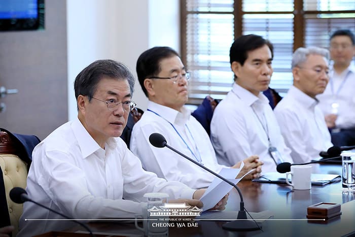 President Moon Jae-in speaks about economic policy measures for the second half of 2018, during Cheong Wa Dae’s weekly meeting on July 23. (Cheong Wa Dae)