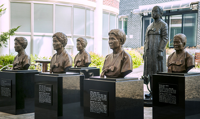 Busts of women who were incarcerated by the colonial government and the Imperial Japanese military into sexual slavery as ‘comfort women’ are set up in Gwangju, east of Seoul. (House of Sharing)