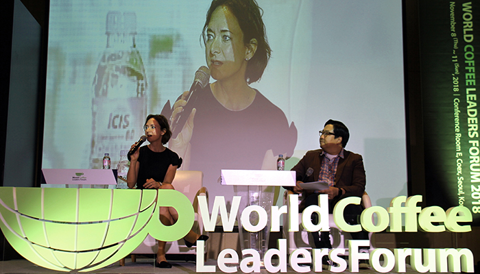 President of the International Women’s Coffee Federation (IWCA) Kellem Emanuele (left) gives a presentation on the significance of diversity in the coffee industry at the World Leaders Forum during the Seoul International Café Show in Seoul on Nov. 8.