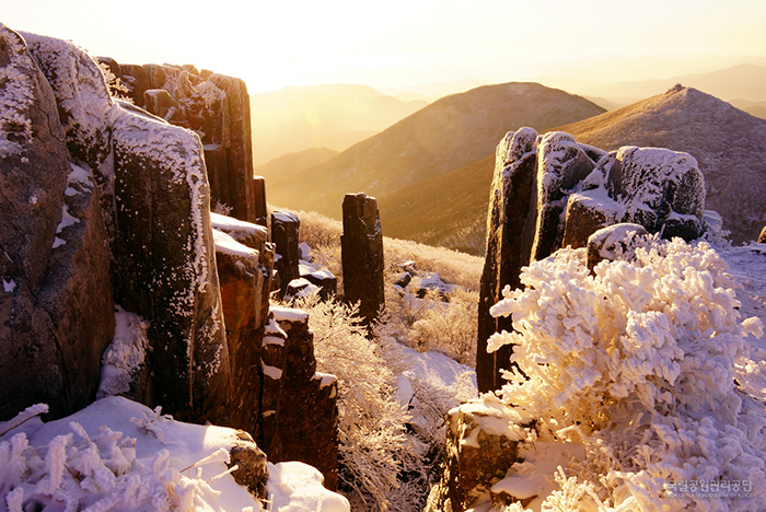 Seoseokdae Rock on Mudeungsan Mountain in Gwangju features the morning sun lighting up snow-covered rock pillars.