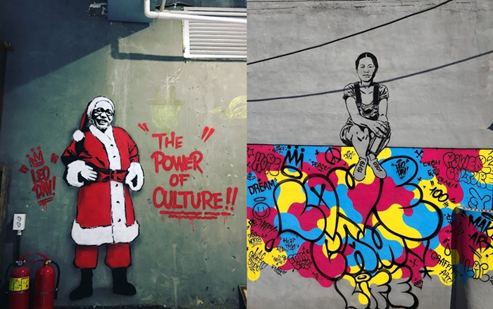 Leodav’s works portray independence martyrs in a more friendly and approachable manner. The photo on the left shows Kim Gu in a Santa Claus costume on the wall of a live music bar in Ulsan, and that on the right is his interpretation of Yu Gwan-sun as a graffiti artist in Cheonan, Chungcheongnam-do Province. (L.A.C. Studio)