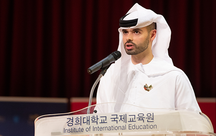 Ali Al Khawajah from the UAE on May 14 competes at the 22nd World Korean Language Speech Contest for Foreigners at Crown Concert Hall of Seoul's Kyung Hee University.