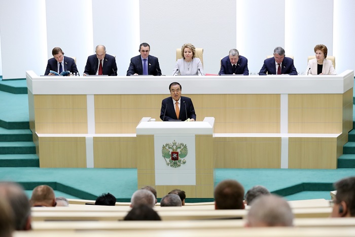 National Assembly Speaker Moon Hee-sang on May 29 gives a speech at the Russian Federal Council in Moscow. (National Assembly of Korea)