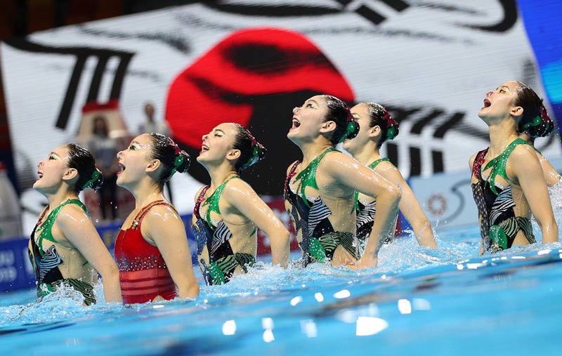 Korea on July 18 performs in the free combination preliminaries of the 2019 FINA World Championships at Gwangju's Yeomju Gymnasium Artistic Swimming Competition Venue.