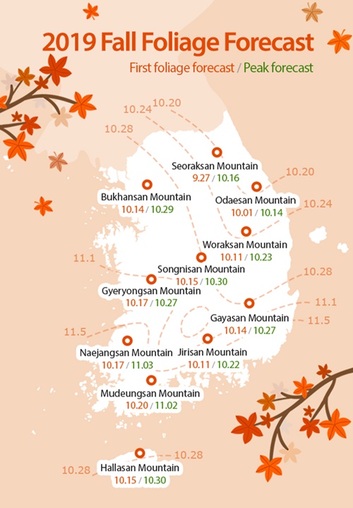 The weather service Weatheri says the first fall foliage in Korea started on Sept. 27 at Seoraksan Mountain in Gangwon-do Province. The peak of fall foliage usually occurs about two weeks after the first. (Korea Tourism Organization)