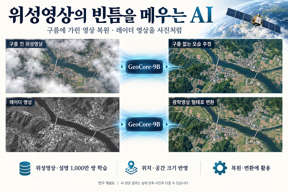 A conceptual diagram illustrates the restoration and transformation of satellite imagery by the KAIST-developed AI model GeoCore-9B.